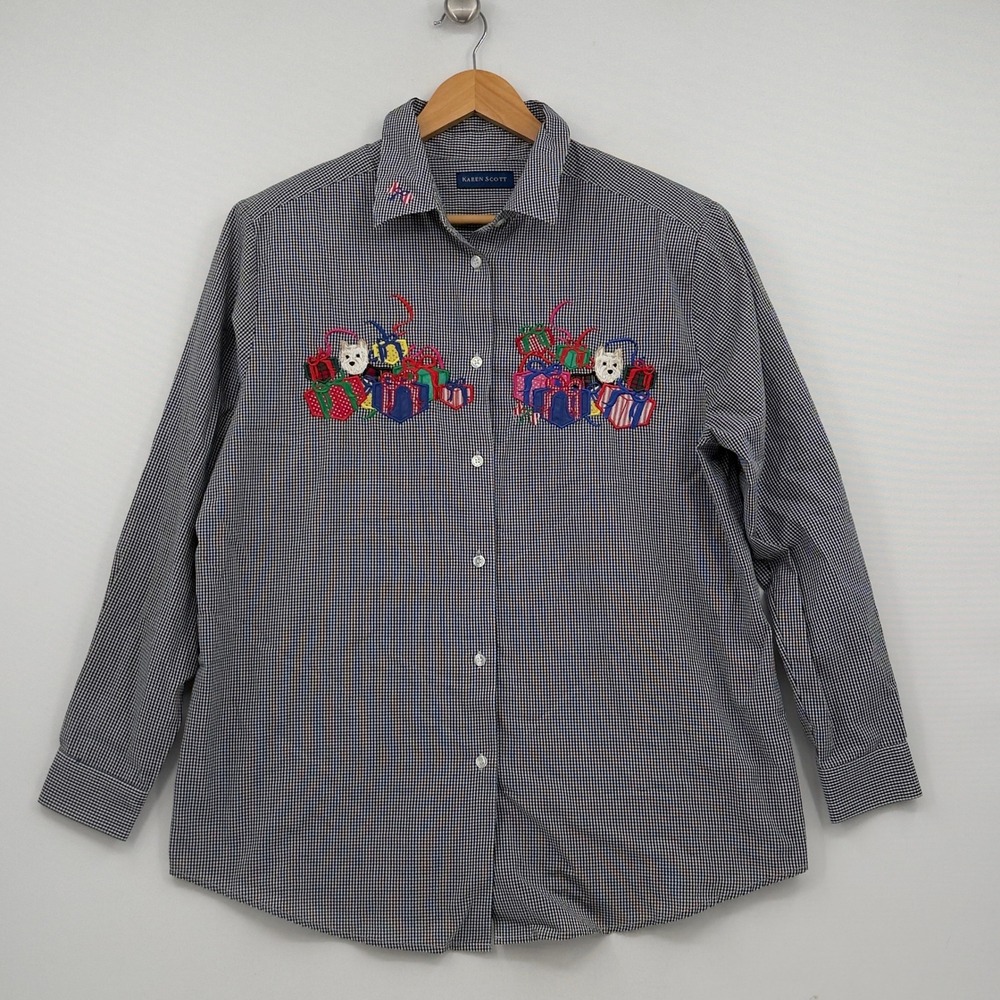 Karen Scott Christmas Westie Dog Gingham Shirt Womens Large Blue Embroidered